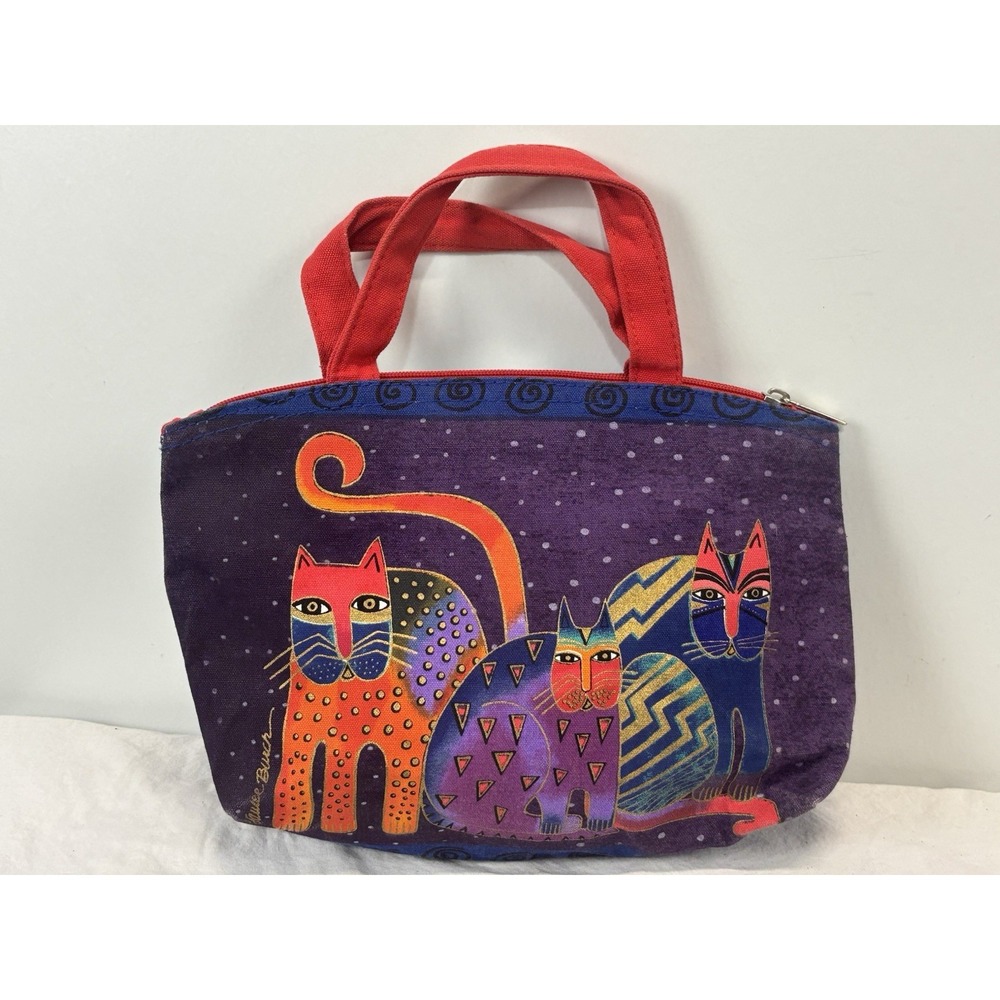 Vtg Laurel Burch Small Makeup Bag Purse Three Cat Design Double Sided 90s Whimsy